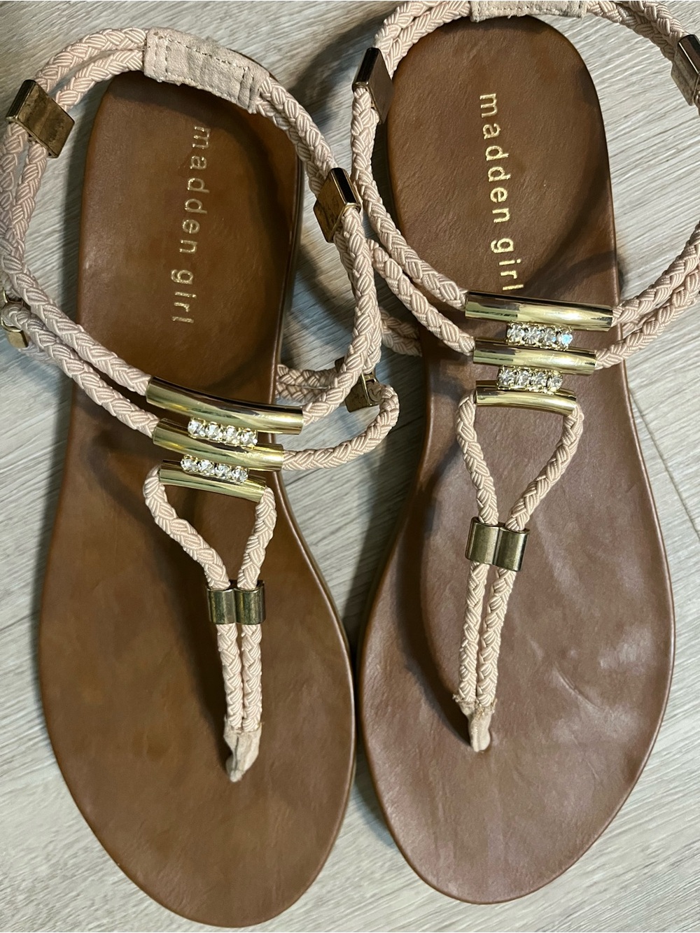 Madden Girl Blush Braided T-Strap Sandals with Gold Accents